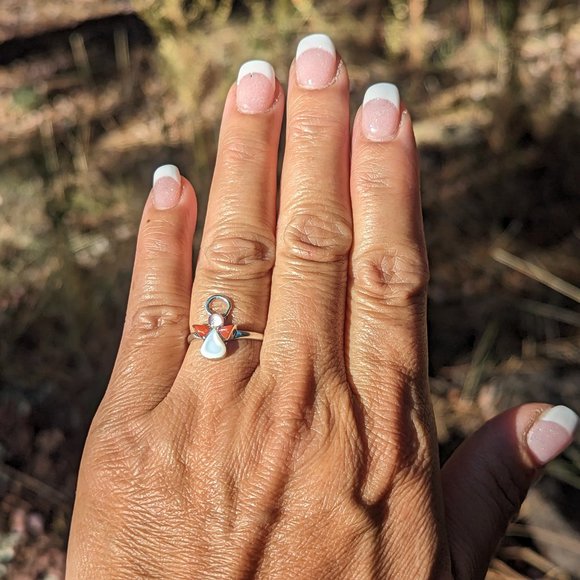 Zuni Mother of Pearl Coral Inlay Ring Mini Angel Native Am Jewlery Sz‎ 6.5*** - Picture 5 of 8